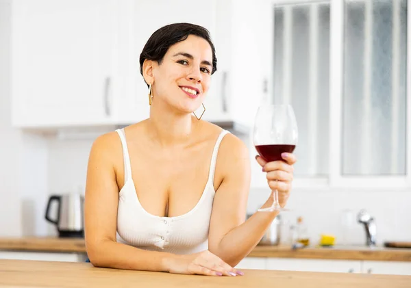 Portrait Satisfied Brunette Woman Glass Red Wine Modern Kitchen — Stock Photo, Image