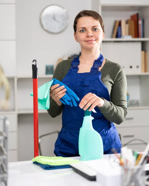 Waist Portrait Woman Overall Standing Office Table Mop Gloves Detergent — Stock Photo, Image