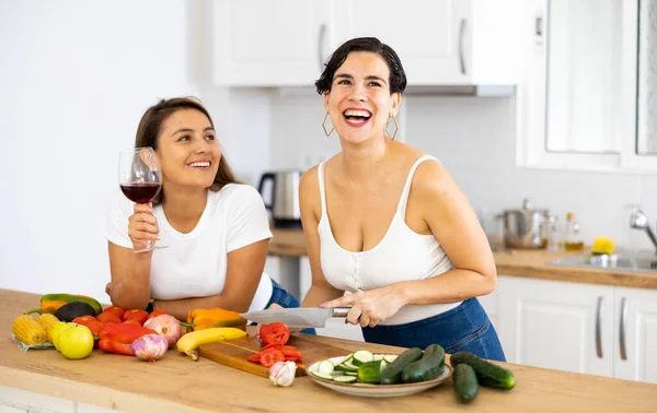 Happy Carefree Young Latin American Lesbian Couple Chatting Carelessly Drinking — Stock Photo, Image