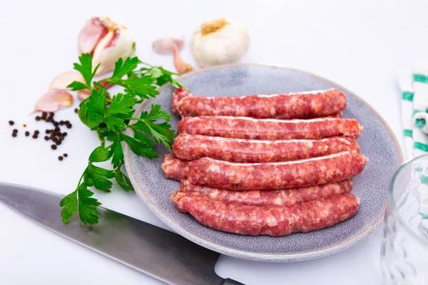 Traditional Spanish Dish Longaniza Pork Sausage Plate Herbs Cutlery Cafe — Stock Photo, Image