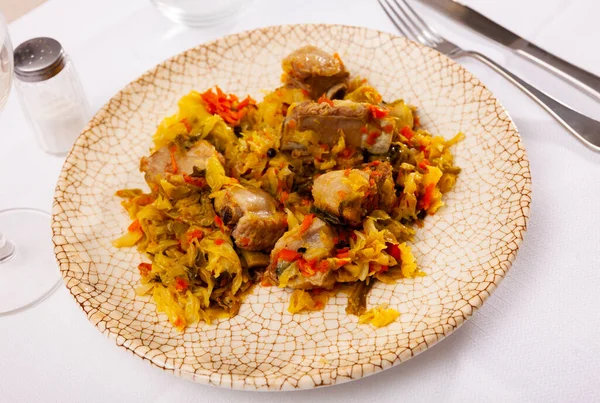 Appetizing Pork Ribs Stewed Cabbage Carrot Served Plate — Photo