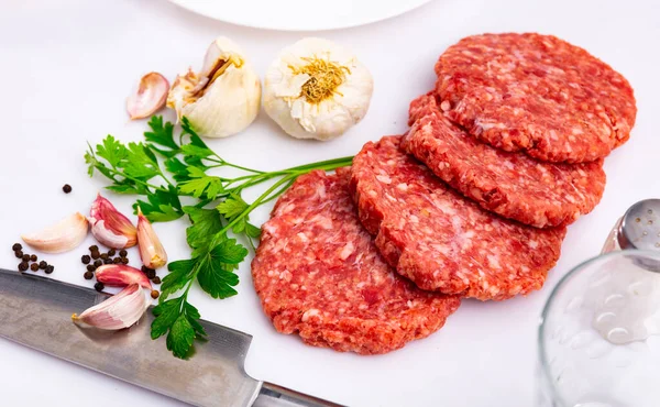Cooking Ingredients Raw Burger Cutlets Wooden Board — Stock Photo, Image