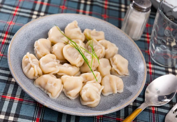 Portion Delicious Meat Dumplings Decorated Fresh Greenery — Stock Photo, Image