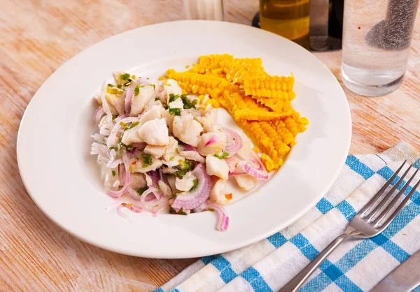 Healthy Ceviche Marinated Cod Fillet Served Side Dish Boiled Corn — Stock Photo, Image