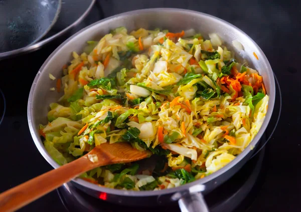 Preparation Stewed Cabbage Cooking Vegetables Home — Stock Photo, Image