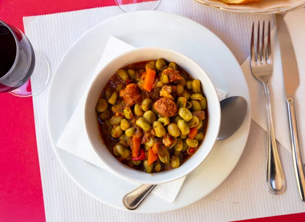Typical Spanish Vegetable Garnish Stewed Green Beans Ham Sausage — Photo