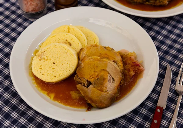 Plate Bread Knodels Pork Traditional Czech Cuisine — Stock Photo, Image