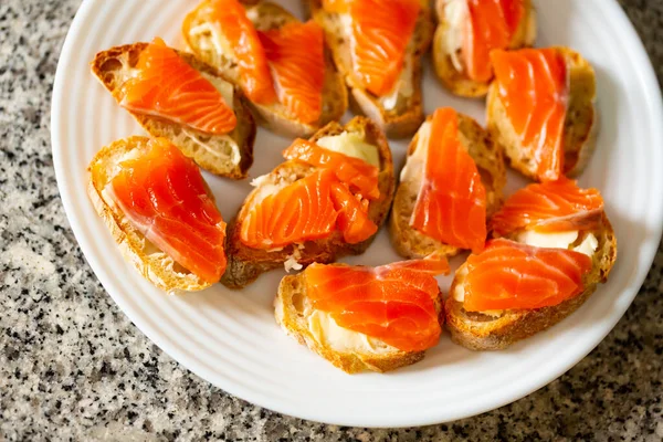 Delicious Sandwiches Fresh Baguette Smoked Salmon Butter Served White Plate — Stock Photo, Image