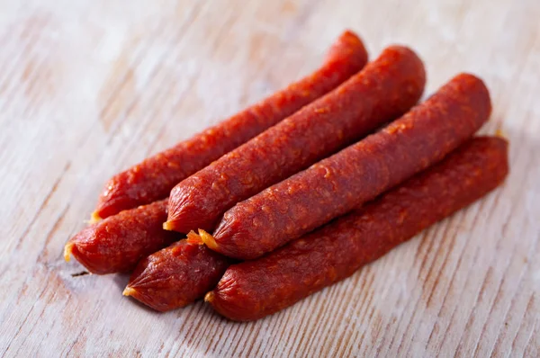 Traditional Dry Cured Tyrolean Sausages Chilli Wooden Table — Foto de Stock
