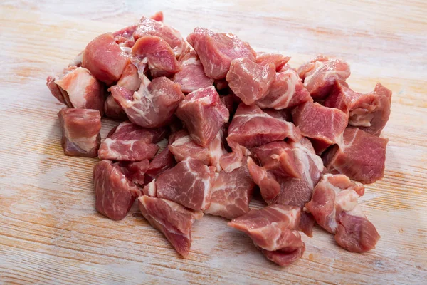Fresh Uncooked Chopped Pork Stew Wooden Table — Stock Photo, Image
