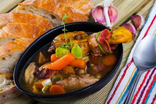 Delicious Chicken Soup Bacon Vegetables Served Bread — Stock Photo, Image
