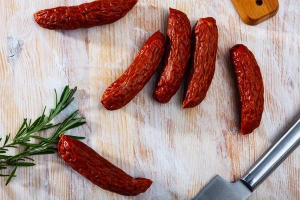 Pile Czech Dried Sausages Wooden Table — Stock Photo, Image