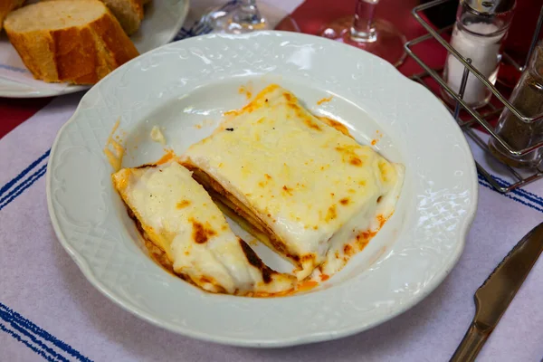 Fresh Portion Italian Cuisine Dish Lasagna Served Circular Plate — Stock Photo, Image