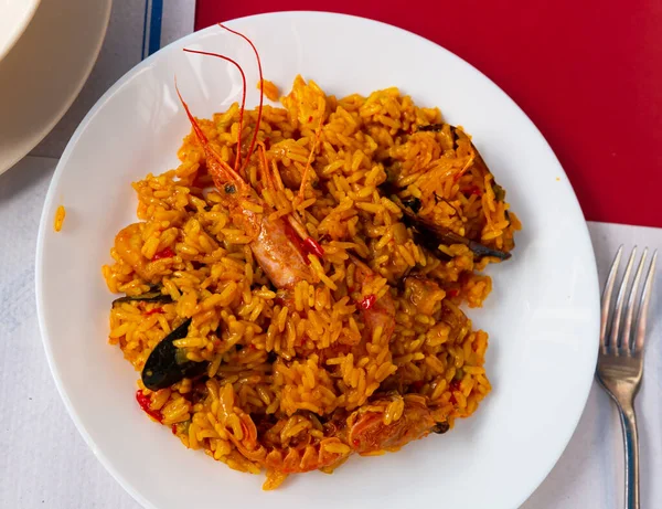 Πιάτο Νόστιμο Θαλασσινό Paella Ρύζι Μύδια Και Γαρίδες Κανείς — Φωτογραφία Αρχείου