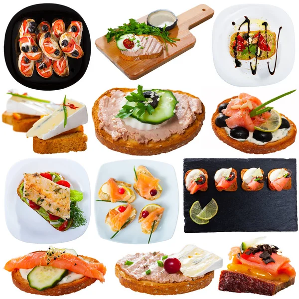 Set Various Delicious Sandwiches Canapes Isolated White Background — Stock Photo, Image