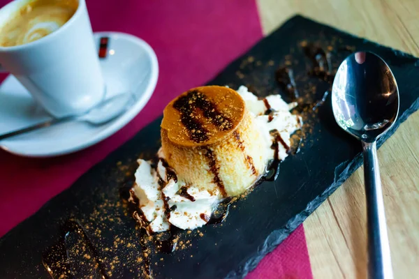 Delicate Vanilla Caramel Flan Served Whipped Cream Traditional Spanish Dessert — Stock Photo, Image