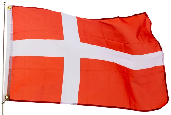 Große Dänische Flagge Auf Fahnenmast Schwenkend Isoliert Über Weißem Hintergrund — Stockfoto