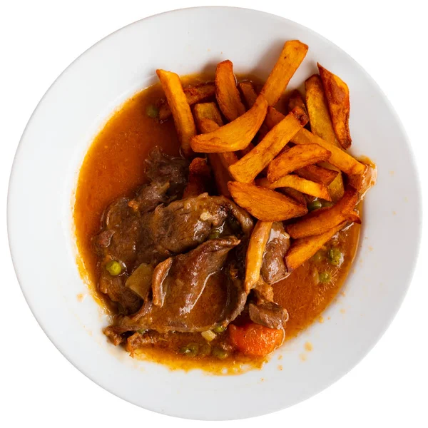 Pretty serving of beef stew cooked spanish style. Isolated over white background