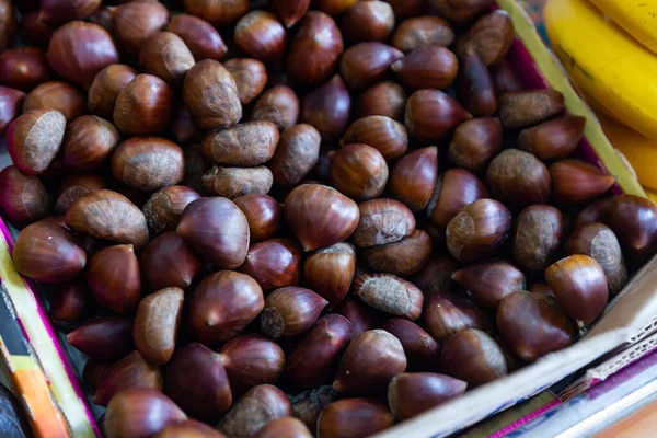 Many Chestnuts Box Market Stall Sale Lots Nuts Market — Stock Photo, Image