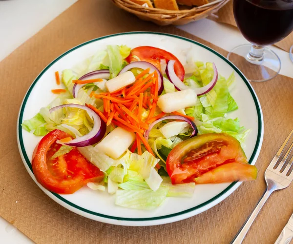 健康蔬菜沙拉配新鲜西红柿 胡萝卜 冰山沙拉 洋葱片和橄榄油 — 图库照片