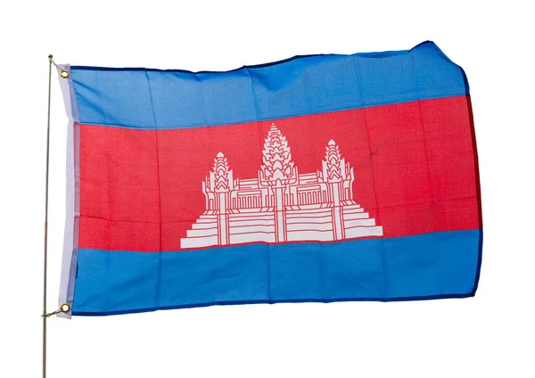 Μεγάλη Σημαία Της Καμπότζης Στο Κοντάρι Της Σημαίας Απομονωμένα Λευκό — Φωτογραφία Αρχείου