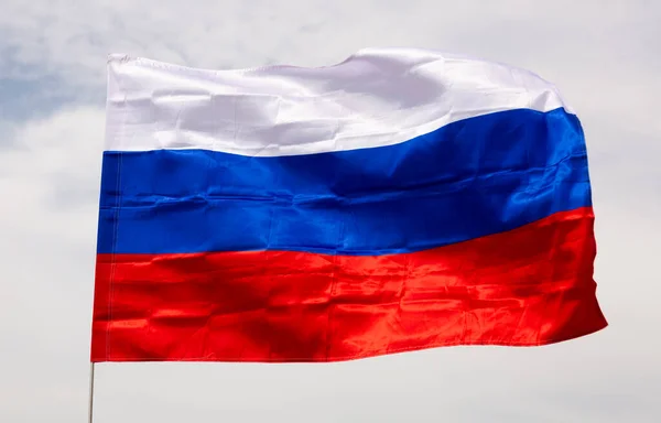 Close Billede Det Nationale Flag Den Russiske Føderation Vinkede Brise - Stock-foto