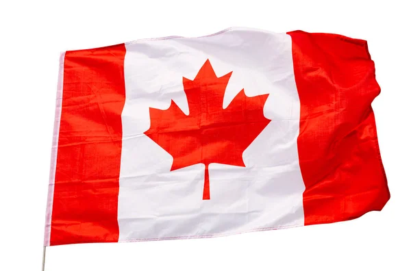 Tela Bandeira Canadá Flutters Mastro Bandeira Contra Céu Cinzento Close — Fotografia de Stock