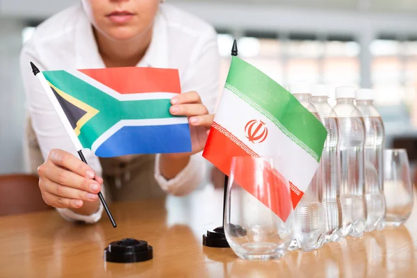 Employee Delegation Prepares Negotiating Table Sets Flag South Africa Iran — Stock Photo, Image
