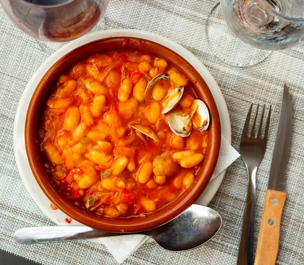 Traditional Asturian Fabes Con Almejas Rich White Beans Stew Clams — Stock Photo, Image