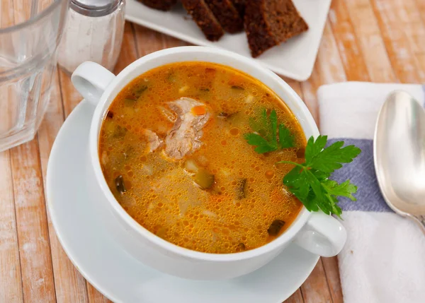 Traditional Russian Dish Pickle Soup Meat Cooked Basis Pickled Cucumbers Stock Picture