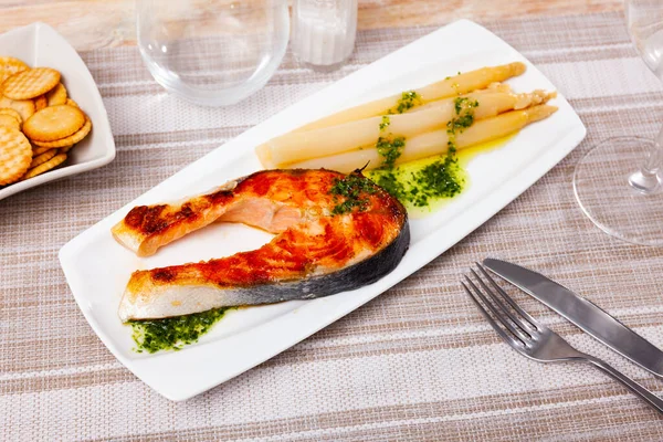 Homemade Fried Salmon Steak Garnish Steamed White Asparagus Green Sauce — Stock Photo, Image