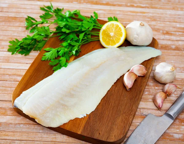 Cooking Ingredients Fresh Raw Cod Fillet Wooden Table — Stock Photo, Image