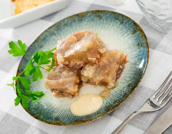 俄罗斯传统菜Kholodets的自制水蜜糖猪肉和牛肉肉 用欧芹和酱汁切片在盘子里食用 — 图库照片