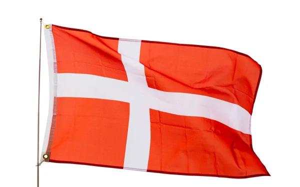 Σημαία Του Denmark Που Πετά Περήφανα Στον Άνεμο Απομονωμένα Λευκό — Φωτογραφία Αρχείου