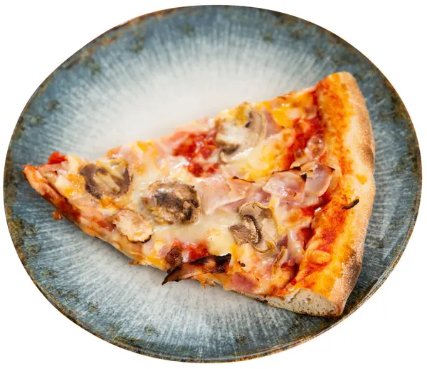 Piece Delicious Pizza Mushrooms Tomato Cheese Served Plate Isolated White — Stock Photo, Image