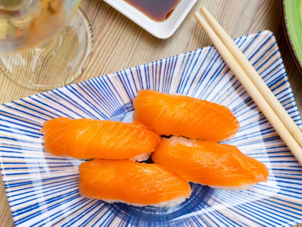 Nigiri Sushi Salmon Delicious Traditional Japanese Food Tasty Seafood Restaurant — Stock Photo, Image