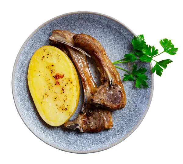 Roasted Lamb Ribs Boiled Potato Greens Plate Isolated White Background — Stock Photo, Image