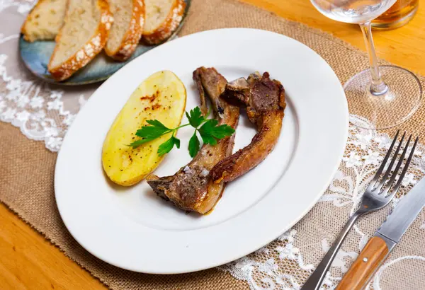 Roasted Lamb Ribs Crispy Golden Brown Coating Potatoes Plate — Stock Photo, Image