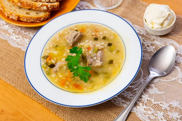 拉索尼克 受欢迎的俄罗斯汤 配上腌制黄瓜 盐水和珍珠大麦 — 图库照片