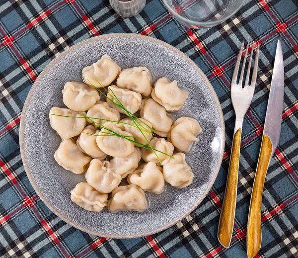 Appetizing Meat Dumplings Broth Served Plate Restaurant — Stock Photo, Image