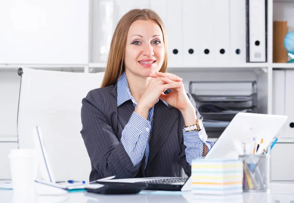 Elegant Cheerful Businesswoman Sitting Working Place Office — Stock Photo, Image