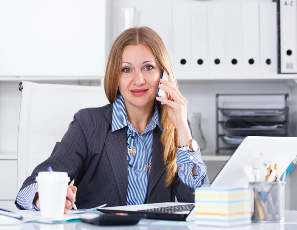 Successful Business Woman Using Phone Laptop Workplace — Stock Photo, Image