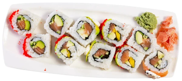 Appetizing Sushi Roll Uramaki Tobiko Roll Salmon Avocado Pepino Tobiko — Stock Photo, Image