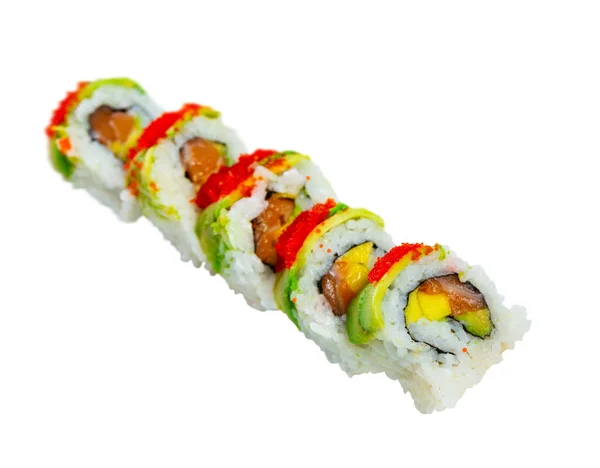 Inwendige Sushi Roll Uramaki Met Zalm Mango Avocado Komkommer Tobiko — Stockfoto