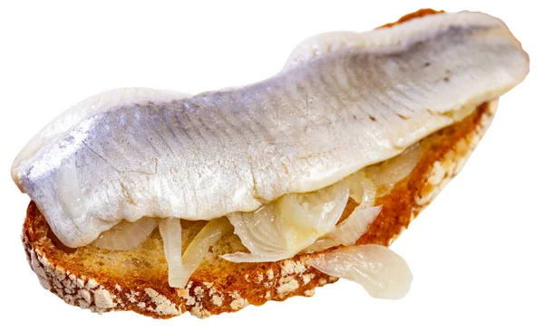Slice Fresh Wheat Bread Crispy Crust Topped Pickled Herring Fillet — Stock Photo, Image