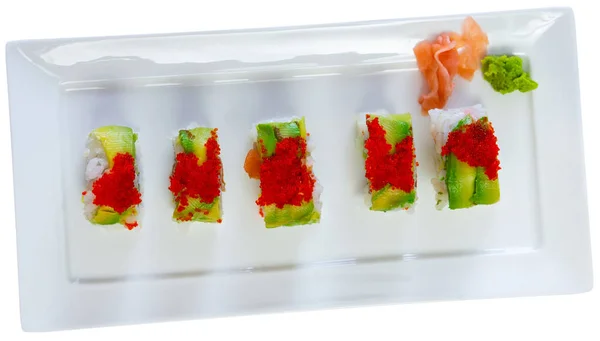 Out Sushi Roll Uramaki Salmon Mango Avocado Cucumber Tobiko Isolated — Stock Photo, Image