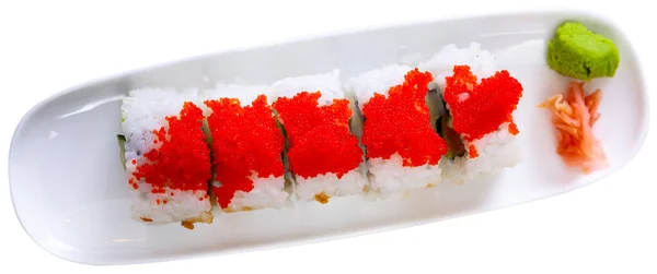 Appetizing Urumaki Rolls Salmon Avocado Pepino Tobiko Isolated White Background — Stock Photo, Image
