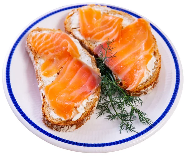 Plate Homemade Light Snack Toast Crispy Salmon Sandwiches Decorated Dill — Stock Photo, Image