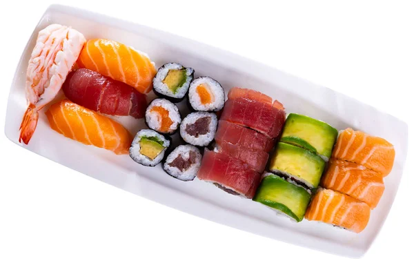 Set Sushi Nel Piatto Servizio Isolato Sfondo Bianco — Foto Stock