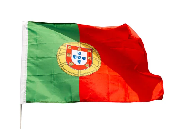 葡萄牙国家绿色红旗飘扬 在白色背景下被隔离 — 图库照片